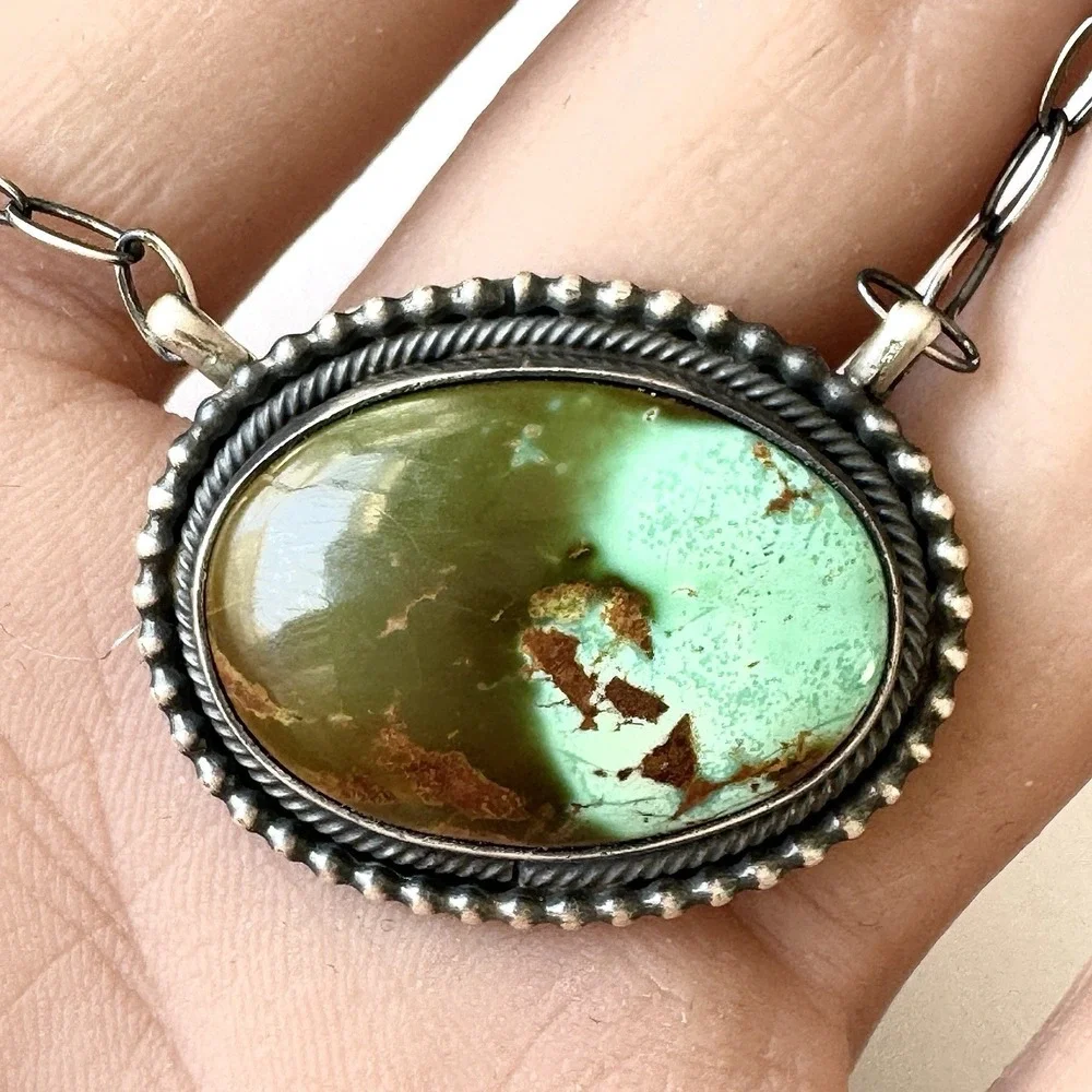Navajo Royston Turquoise Bar Necklace 14in-20 Adjustable Sterling‎ Signed Skeets